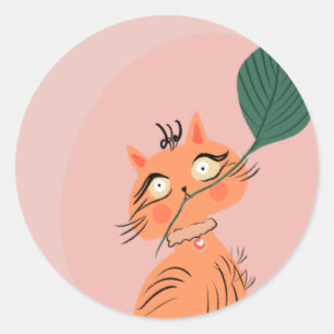 Pegatina Redonda Gato Divertido Hoja de Planta Dibujo Animado