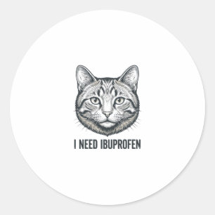 Pegatina Redonda Gato Divertido Ibuprofeno Diseño de Grabado Vintag