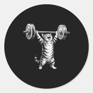 Pegatina Redonda Gato divertido levantamiento de pesas gimnasio vin