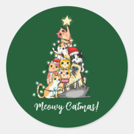 Pegatina Redonda Gato Divertido Lindo de Navidad Gatos Árbol de Nav