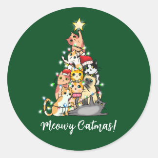Pegatina Redonda Gato Divertido Lindo de Navidad Gatos Árbol de Nav