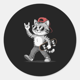 Pegatina Redonda Gato Divertido Mano de Roca Patineta Gráfica Skate
