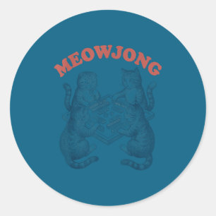 Pegatina Redonda Gato divertido meowjong jugando mahjong retro