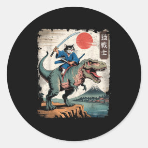 Pegatina Redonda Gato divertido montando arte japonesa ukiyo-e t re