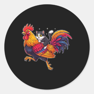 Pegatina Redonda Gato Divertido Montando Gallo Pollo Animal de Gran