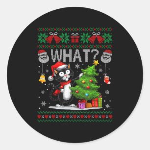 Pegatina Redonda Gato Divertido Qué Árbol De Navidad Gato Negro Nav