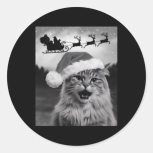Pegatina Redonda Gato Divertido Selfie Con Santa Claus Trineo De Na
