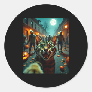 Pegatina Redonda Gato Divertido Selfie Halloween Zombies Humor