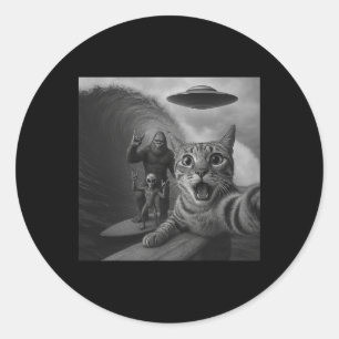 Pegatina Redonda Gato Divertido Surf Selfie Con Ola Gigante Ovni Al