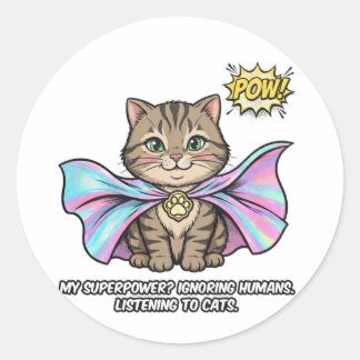 Pegatina Redonda Gato Divertido Susurrador Superpoder Tabby Cape PO