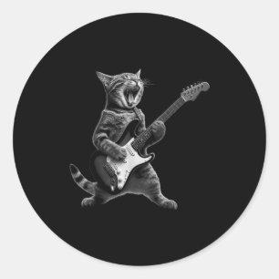 Pegatina Redonda Gato Divertido Tocando Guitarra Rock And Roll Homb