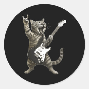 Pegatina Redonda Gato Divertido Tocando Guitarra Rock And Roll Homb