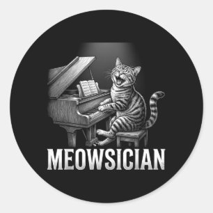 Pegatina Redonda Gato Divertido Tocando Música de Piano Juego de Pa