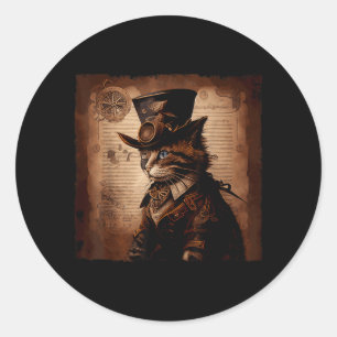 Pegatina Redonda Gato Divertido Vaquero Steampunk