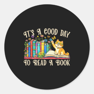 Pegatina Redonda Gato divertido y amantes de los libros - un buen d