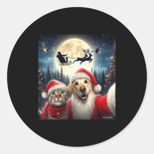 Pegatina Redonda Gato Divertido Y Perro Selfie Con Santa Claus Navi