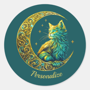 Pegatina Redonda Gato dorado místico en luna verde celestial