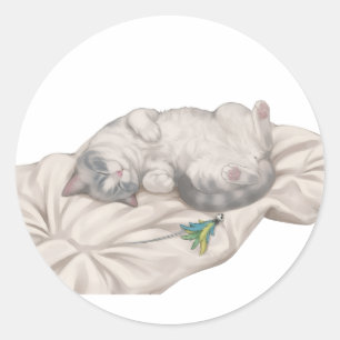 Pegatina Redonda Gato Dormido Adorable BB Descansando Sobre Almohad