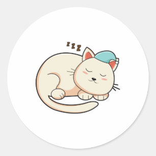 Pegatina Redonda Gato durmiendo con gorra nocturna