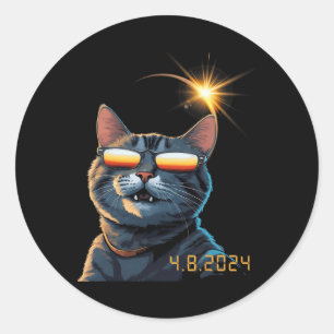 Pegatina Redonda Gato Eclipse Solar 2024 con gafas eclipses 1