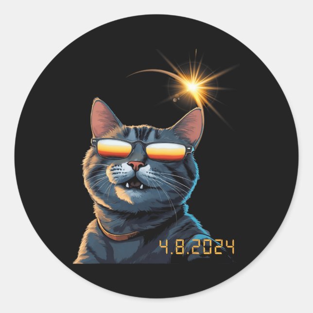 Pegatina Redonda Gato Eclipse Solar 2024 con gafas eclipses 1 (Anverso)