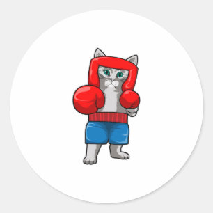 Pegatina Redonda Gato en boxeo con guantes de boxeo