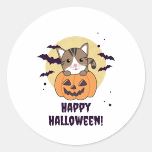 Pegatina Redonda Gato En Calabaza Gatos Dulces Feliz Halloween