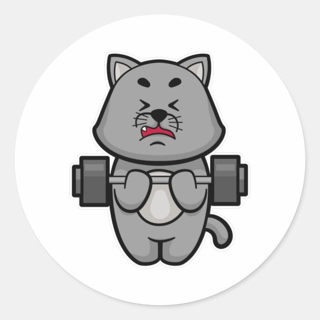 Pegatina Redonda Gato en el entrenamiento de Biceps con Barbell (Anverso)