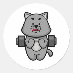 Pegatina Redonda Gato en el entrenamiento de Biceps con Barbell