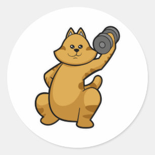 Pegatina Redonda Gato en el hombro entrenando con Dumbbell