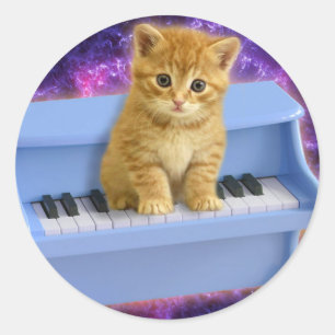 Pegatina Redonda Gato en el piano azul