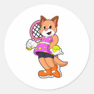 Pegatina Redonda Gato en el tenis con raqueta de tenis