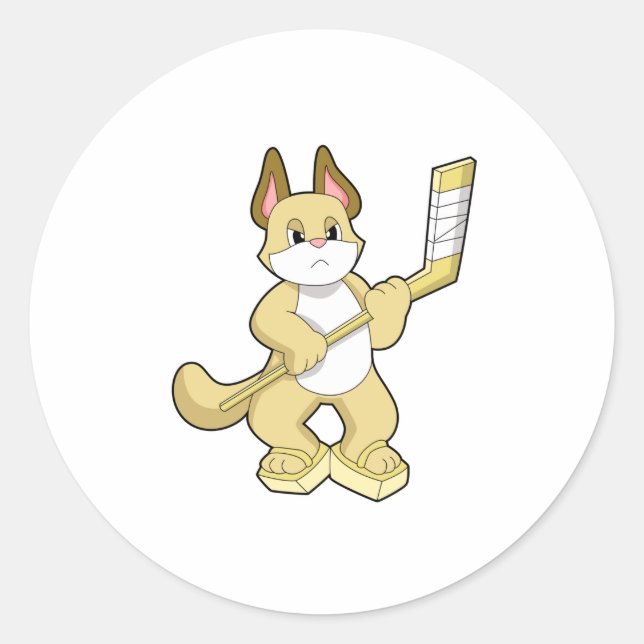 Pegatina Redonda Gato en hockey sobre hielo con bastón de hockey so (Anverso)