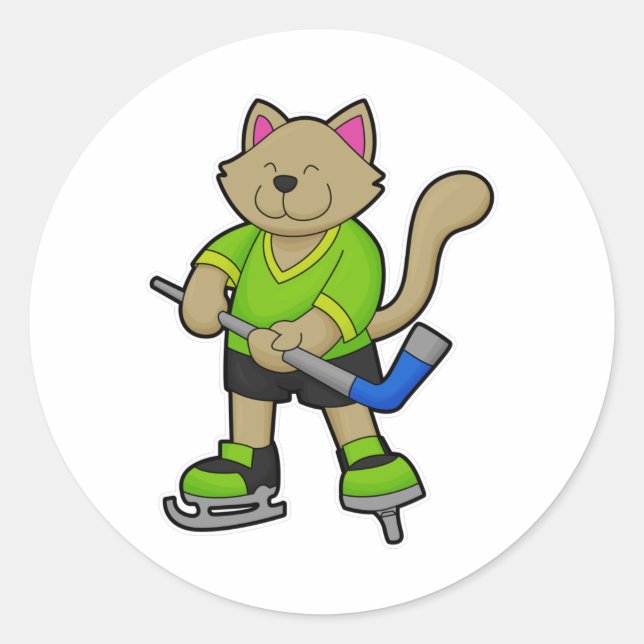 Pegatina Redonda Gato en hockey sobre hielo con bastón de hockey so (Anverso)