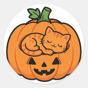 Pegatina Redonda Gato en Jack O Lantern Halloween