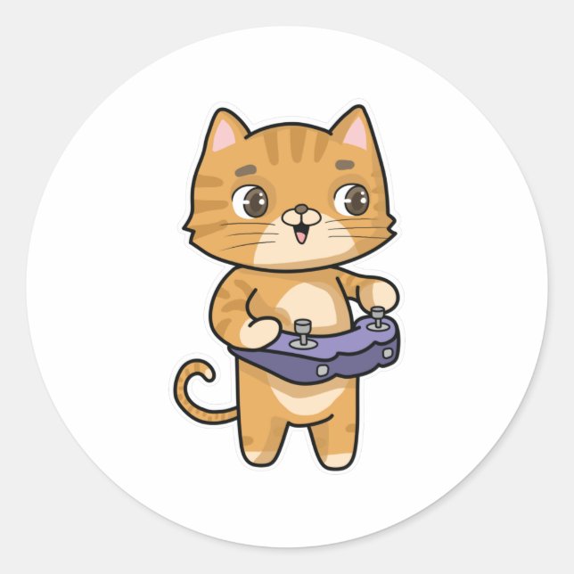 Pegatina Redonda Gato en juego con controlador (Anverso)
