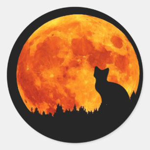 Pegatina Redonda Gato en la Luna naranja completa