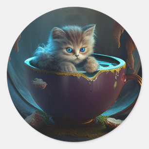 Pegatina Redonda Gato en una taza de té   Gatito en una taza de té 
