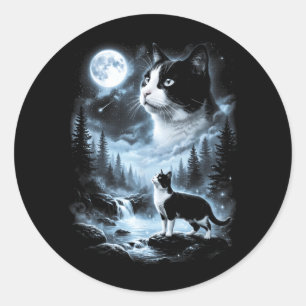 Pegatina Redonda Gato esmoquin aullando a la luna retro 90s