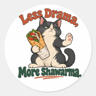 Pegatina Redonda Gato Esmoquin Divertido Shawarma Dibujo Naranja y