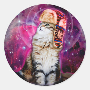 Pegatina Redonda Gato espacial con gorra ruso