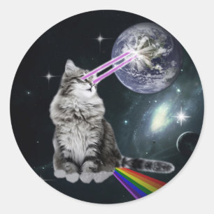 Pegatina Redonda Gato espacial con láseres de ojos y arco iris
