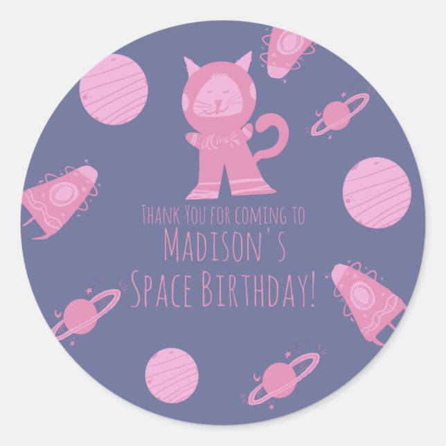 Pegatina Redonda Gato espacial Galaxia Púrpura Rosa Cumpleaños (Anverso)