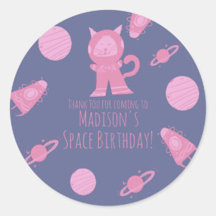 Pegatina Redonda Gato espacial Galaxia Púrpura Rosa Cumpleaños