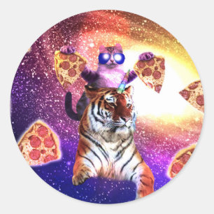Pegatina Redonda Gato espacial matón en Tiger Unicorn