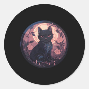 Pegatina Redonda Gato espiritual de la luna Bruja Gato negro Pastel