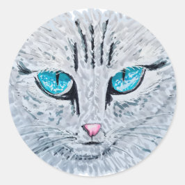 Pegatina Redonda Gato Esponjoso de Ojos Azules