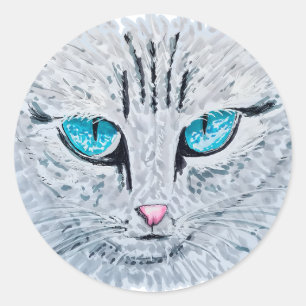 Pegatina Redonda Gato Esponjoso de Ojos Azules