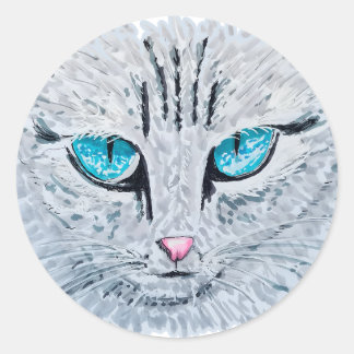 Pegatina Redonda Gato Esponjoso de Ojos Azules