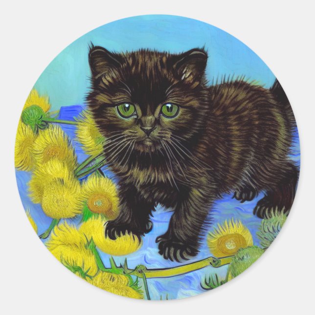 Pegatina Redonda Gato estilo Van Gogh con girasoles (Anverso)